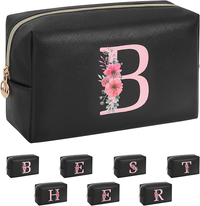 Personalized Initial Makeup Bag, Birthday Gifts for Women and Girls, Small Makeup Pouch Travel Toiletry Bag, Make Up Organizer Bag Gift Trendy Stuff for Friend Mom Teacher, Black
