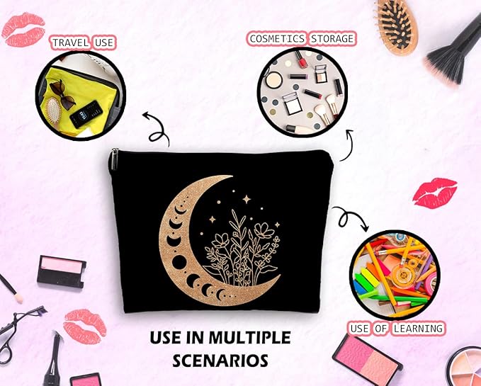 Boho Floral Celestial Crescent Moon Phase Makeup Bag, Mystical Crescent Moon Linen Makeup Travel Toiletry Bag, Abstract Floral Moon Cosmetic Bag Gifts For Girls Women Daughter Sister