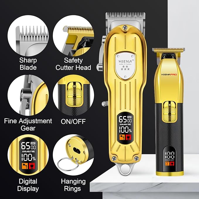 HIENA PRO Hair Clippers Set for Men, Professional Barber Kit for Hair Cutting, Cordless Rechargeable Clippers and Trimmers Set, Hair Cutting Kit with LED Display, USB, Gifts for Men (Gold Black)