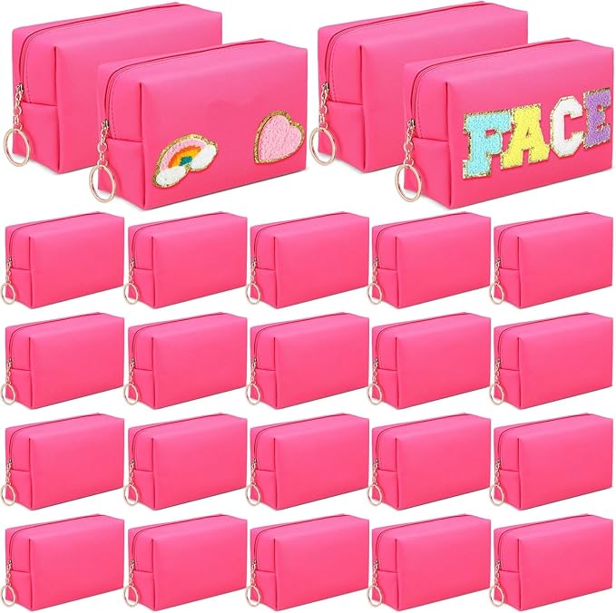 Chunful 24 Pcs Preppy Makeup Bag PU Leather Cosmetic Bag Bulk Makeup Plain Pouch Waterproof Toiletry Purse for Women Traveling Preppy Pencil Case Travel Purse Cosmetic (Rose Red)