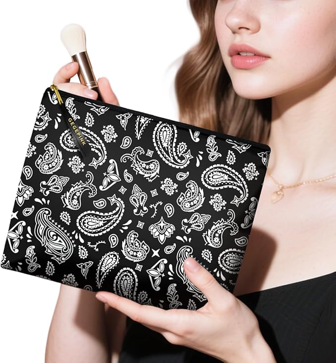 Cute Makeup Bag for Purse Waterproof Cosmetic Bags for Women Funny Smooth Zipper Travel Toiletry Pouch 10X8 Inches-Paisley Floral-Black Makeup pouch