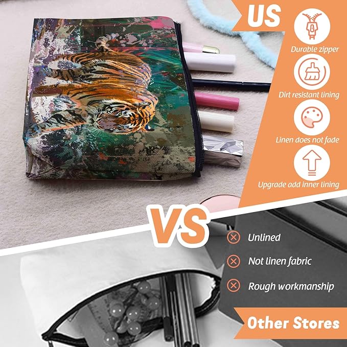 Cosmetic Bags Travel Makeup Toilet Case Waterproof Pouch for Women Girls 6.7X9.45inches - Artistic Tiger Walking Through A Splash - Filled Jungle