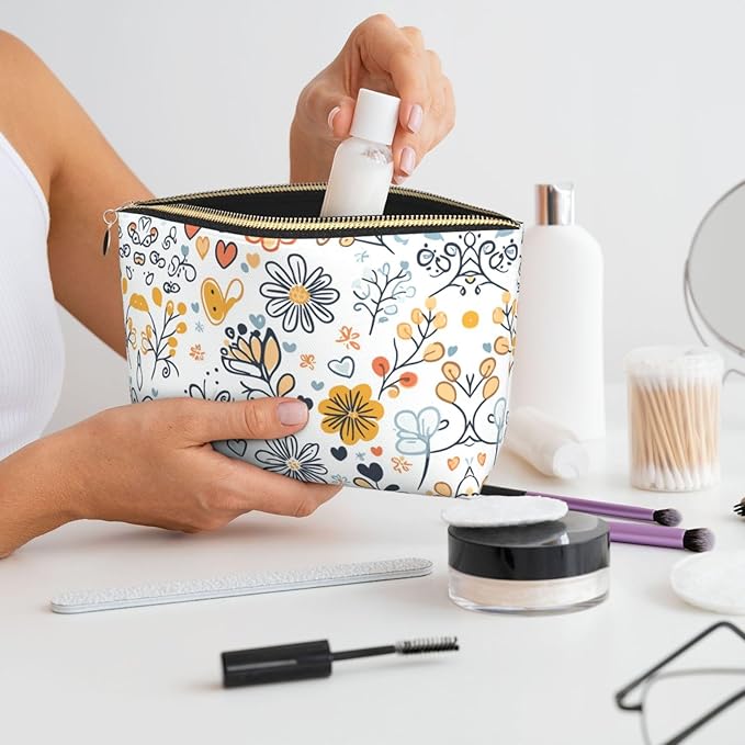 Womens Leather Makeup Bag Cosmetic Bag Travel Toiletry Bags Make Up Bags for Women Adult (Boho·Floral)