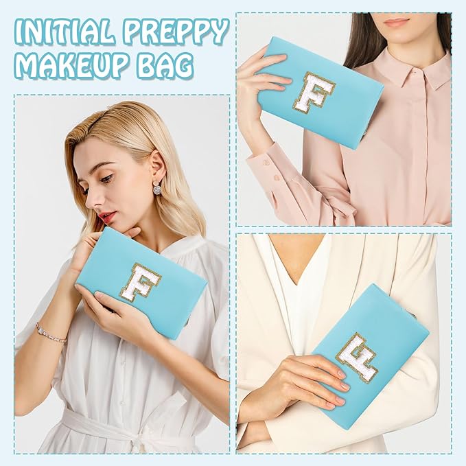 Personalized Small Initial Preppy Makeup Bag, Blue Cute Cosmetic Organizer Chenille Letter Travel Toiletry Zipper Pouch, Portable Waterproof Makeup Case Friendship Gifts for Families Friends(Letter F)