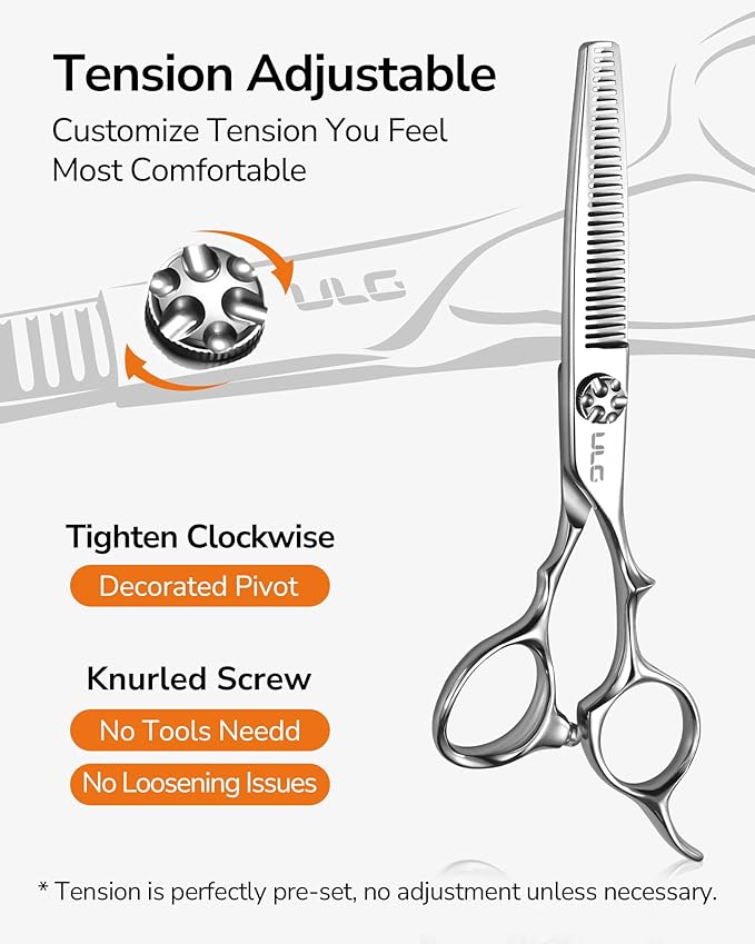 ULG Professional Hair Thinning Scissors 6.7”, Japanese 440C Stainless Steel, 32-Teeth Texturizing Shears with Adjustable Tension Screw, Ergonomic Offset Handle, Ultra Sharp Blades for Salon & Home Use