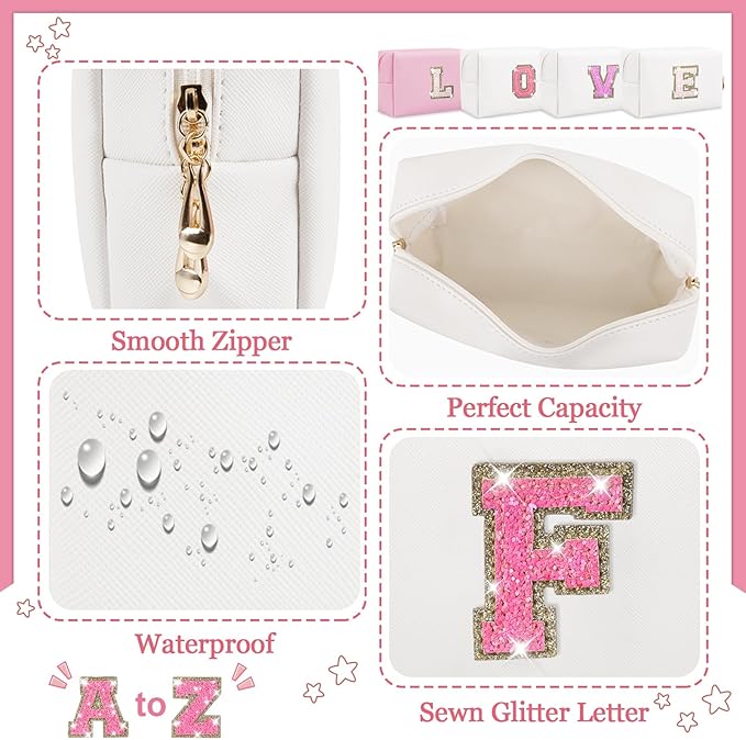 Personalized Initial Letter Makeup Bag, Preppy Glitter Letter Patch Cosmetic Pouch Zipper, PU Waterproof Travel Toiletry Bag Cute Makeup Organizer Monogrammed Make Up Bag, Gift for Women Girls