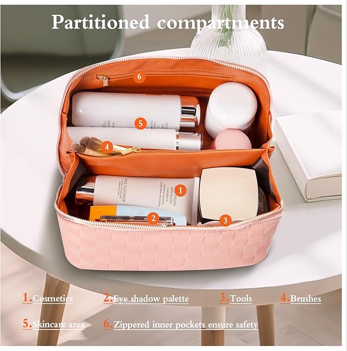 Abiudeng Travel Makeup Bag Large Capacity Toiletry Bag Cosmetic Bags for Travel Essentials,Waterproof Portable Pouch Open Flat Makeup bag Organizer with Divider and Handle(Checkered-Pink)