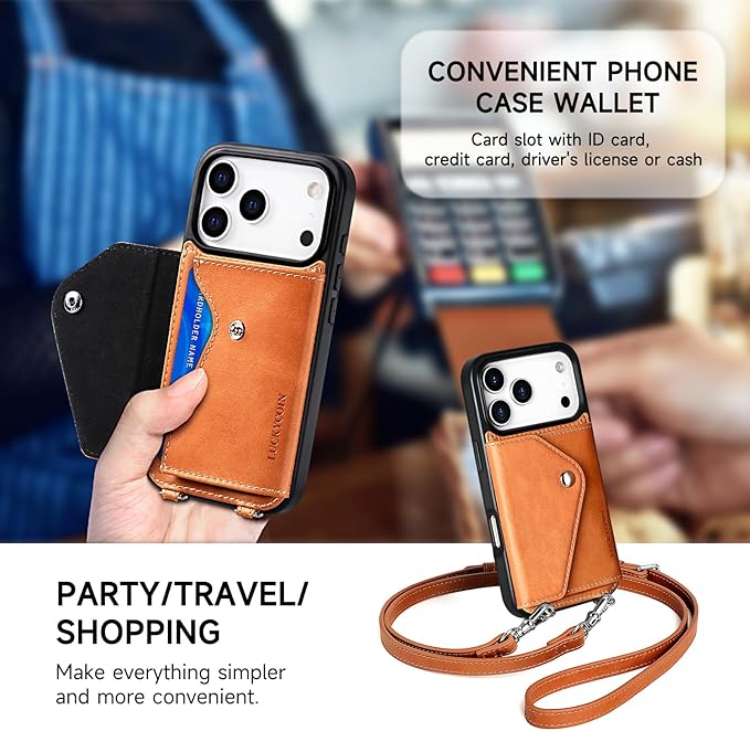 LUCKYCOIN Crossbody Wallet Phone Case for iPhone 17 Pro,100% Genuine Leather Wallet Phone Case with Expandable Flip Card Holder,Phone Purse for Women with Adjustable Removable Strap - Tan