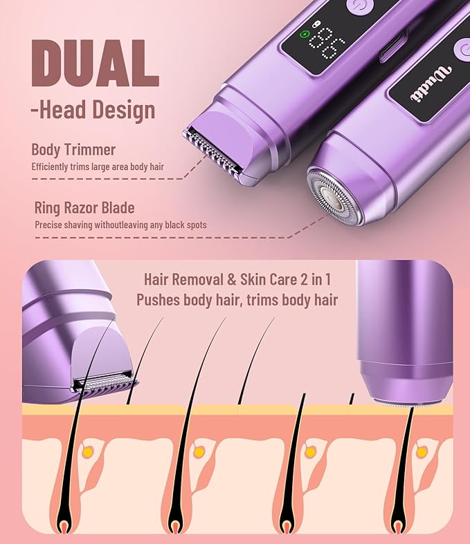 Electric Bikini Trimmer for Women: Razor & Shaver with Dual Heads for Body Pubic Hair, IPX7 Waterproof with LED Display - Rechargeable Lady Trimmer for Underarm Body Leg Face - Purple