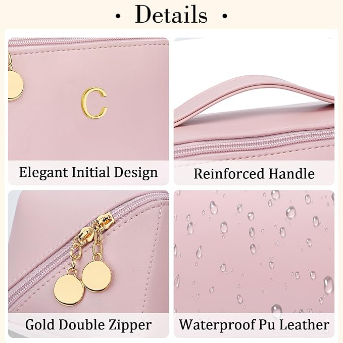Birthday Gifts for Women Teen Girl, Personalized Initial Makeup Organizer Bag Set, Open Flat Travel Cosmetic Bag With Clear Divider and Handle(Pink,C)