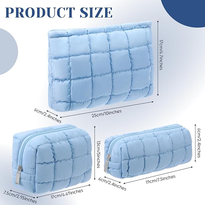 3 Pcs Puffy Makeup Bag Quilted Cosmetic Pouch for Women Cute Checkered Travel Toiletry Bag Puffer Makeup Organizer Purse Pouch Preppy Pencil Case with Zipper