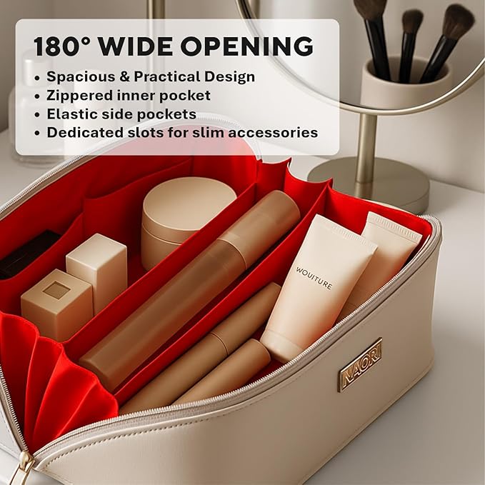 NAORI Travel Makeup Bag for Women | Large Luxury Cosmetic Organizer with Handle & Inner Pockets | Waterproof Leather Toiletry Bag | Makeup Case for Home, Travel & Gifting (Creamy Beige)