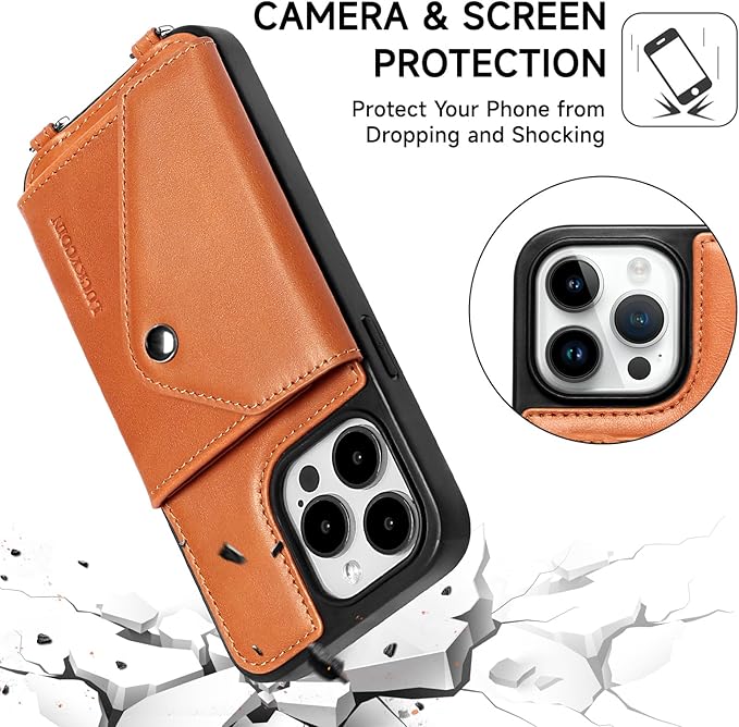 LUCKYCOIN Crossbody Wallet Phone Case for iPhone 14 Pro Max,100% Genuine Leather Wallet Phone Case with Expandable Flip Card Holder,Phone Purse for Women with Adjustable Removable Strap - Brown