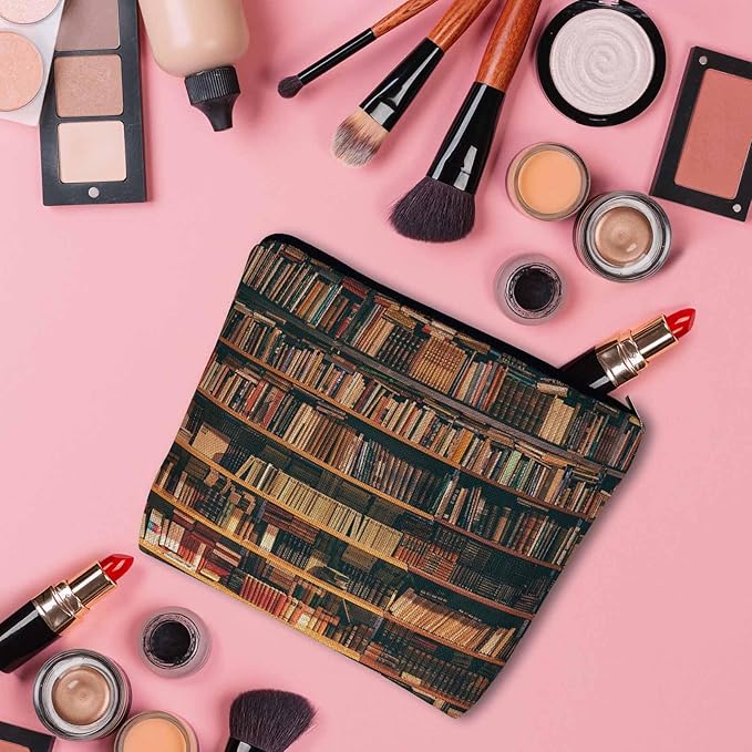Vintage Library Bookshelf Makeup Bag for Purse, Travel Toiletry Pouch, Cosmetic Organizer, Old Books Pattern Flax Pencil Case for Men and Women
