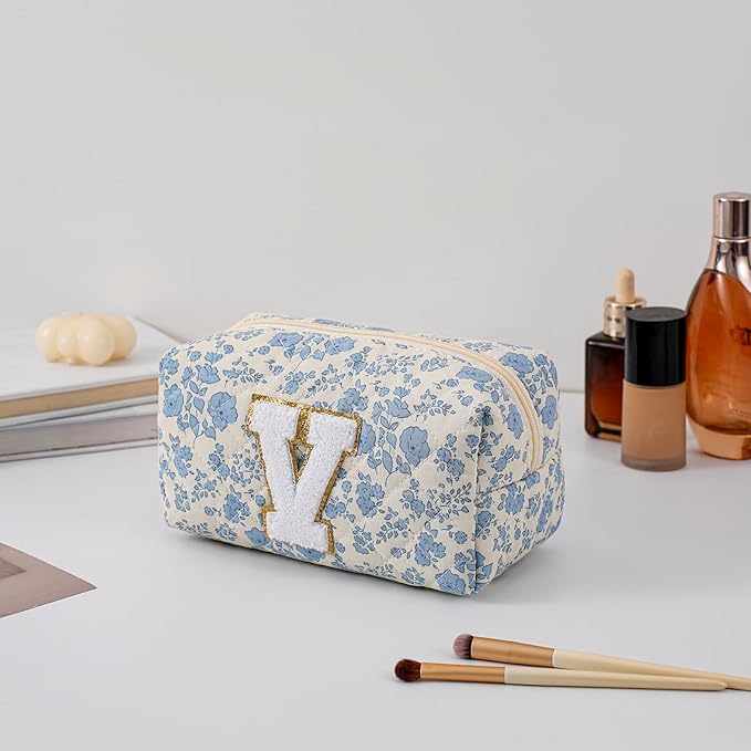 JOVAKIT Alphabet Makeup Bag Cosmetic Bag for Women, Christmas Gifts for Girls Age 6-18, Floral Flowers Coquette Travel Toiletry Zipper Make Up Pouch Organizer Trendy Stuff (Blue Floral V)