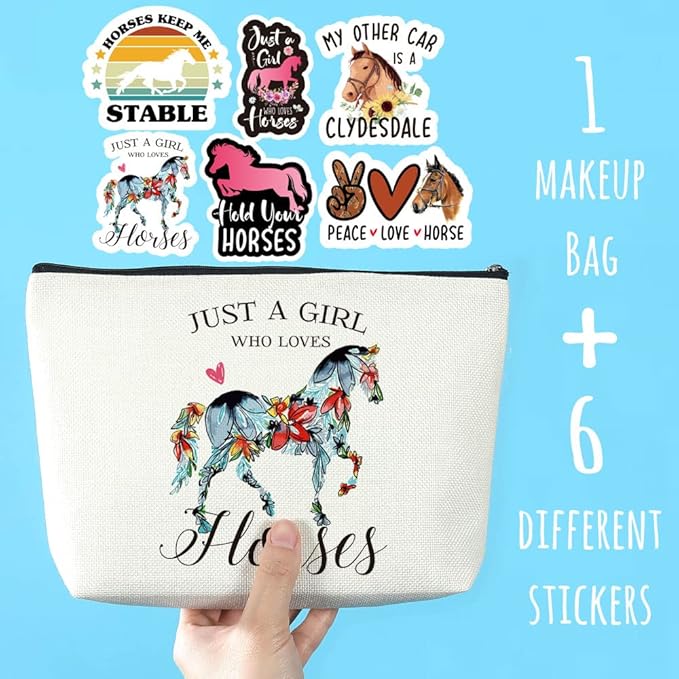 Azteoiz Horses Gifts Girls Horse Cosmetic Bag and 5 Piece Stickers Just a Horses-loving Girl Cowgirl Equestrian Travel Bag Cosmetic Bag Gifts Horse Cosmetic Bag Horseshoe Horse Gifts for Girls