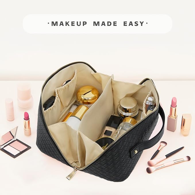 Travel Makeup Bag – Large Cosmetic Organizer with Waterproof PU Leather, Smooth Double Zipper & Tear-Resistant Lining, Toiletry Pouch for Women (Black)