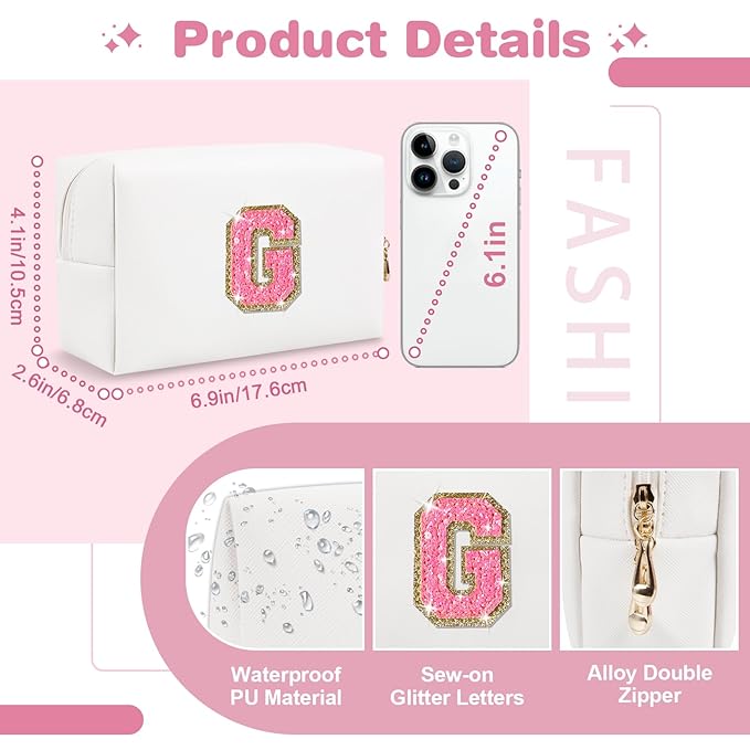 Small Personalized Initial A-Z Patch Makeup Bag,White Cute PU Leather Glitter Letter Cosmetic Bag for Teen Girls,Travel Toiletry Bag with Zipper,Preppy Monogrammed Birthday Gift for Daughter Niece G