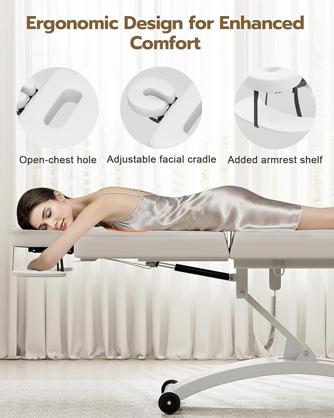 Paddie 550lbs Electric Lift Massage Table Professional for Treatment/Facial/Beauty/Spa/Physical Therapy, Adjustable Backrest/Face Cradle/Rolling Wheels, White