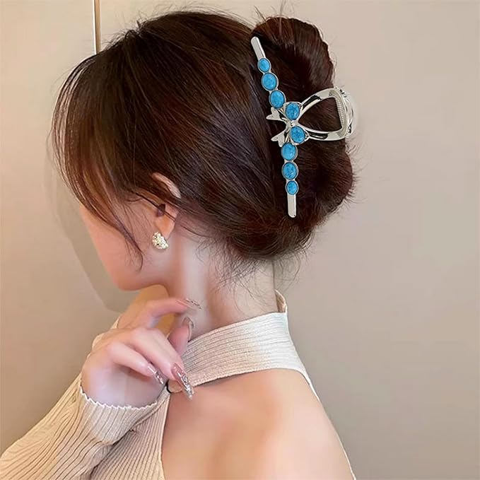 SINIDE Turquoise Blue Stone Hair Claw Clips, Large Metal Retro Bowknot Claw Clip for Women Strong Hold Non-Slip Catch Barrette Jaw Clamp for Long Thick Hair, Fashion Styling Accessories (2 Pack)