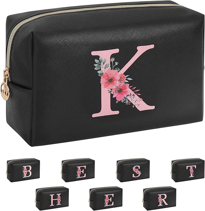 Personalized Initial Makeup Bag, Birthday Gifts for Women and Girls, Small Makeup Pouch Travel Toiletry Bag, Make Up Organizer Bag Gift Trendy Stuff for Friend Mom Teacher, Black