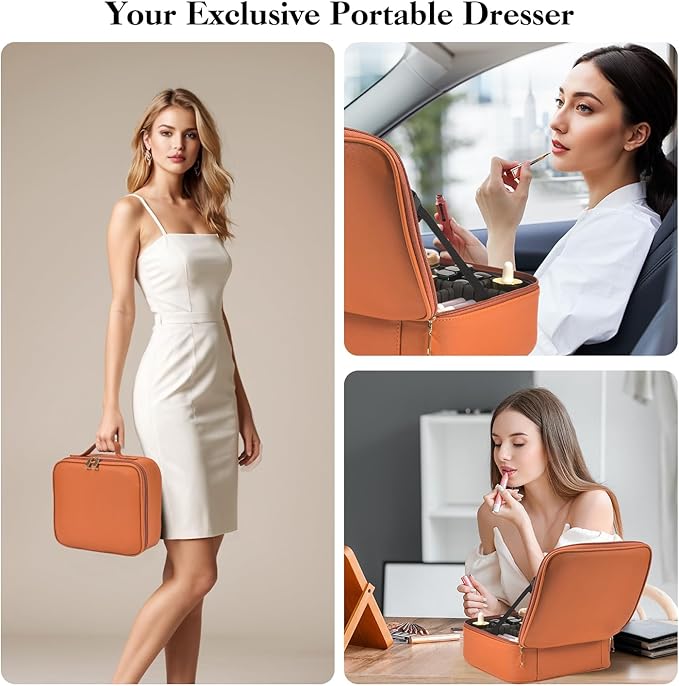 Travel Makeup Bag With LED Mirror,Cosmetic Train Case with 3 Color Setting,Cosmetic Makeup Organizer Bag with Adjustable Dividers,Portable Make up Box with Make up Brushes Holder Storage（Caramel）