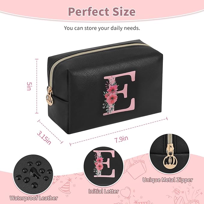 Personalized Initial Makeup Bag, Birthday Gifts for Women and Girls, Small Makeup Pouch Travel Toiletry Bag, Make Up Organizer Bag Gift Trendy Stuff for Friend Mom Teacher, Black