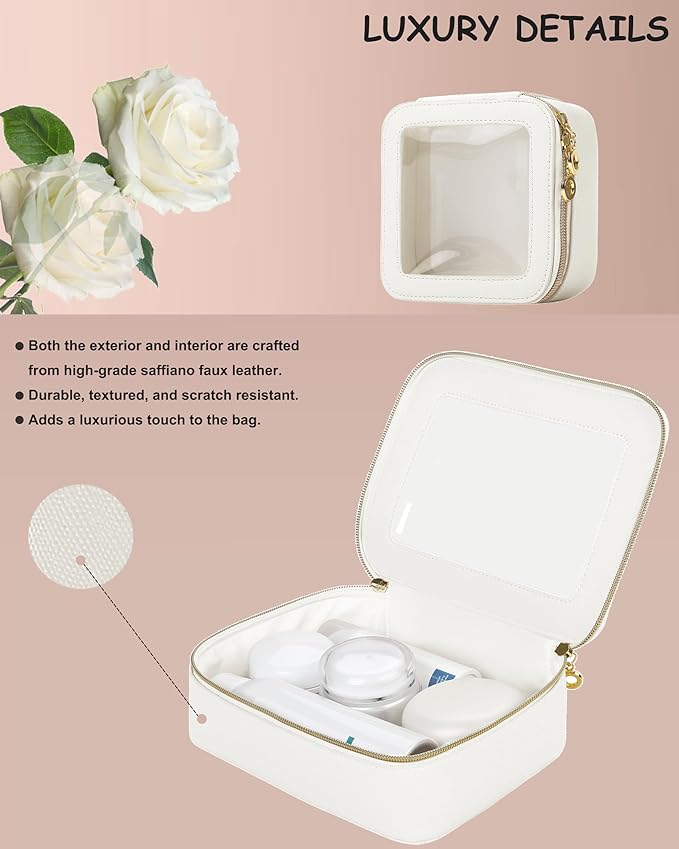 Small Clear Makeup Bag for Purse, Cute Mini Clear Cosmetic Bag Case Organizer, TSA Approved Square Small Makeup Case Pouch with Zipper, Car Travel Purse Essentials for Women (White, S)