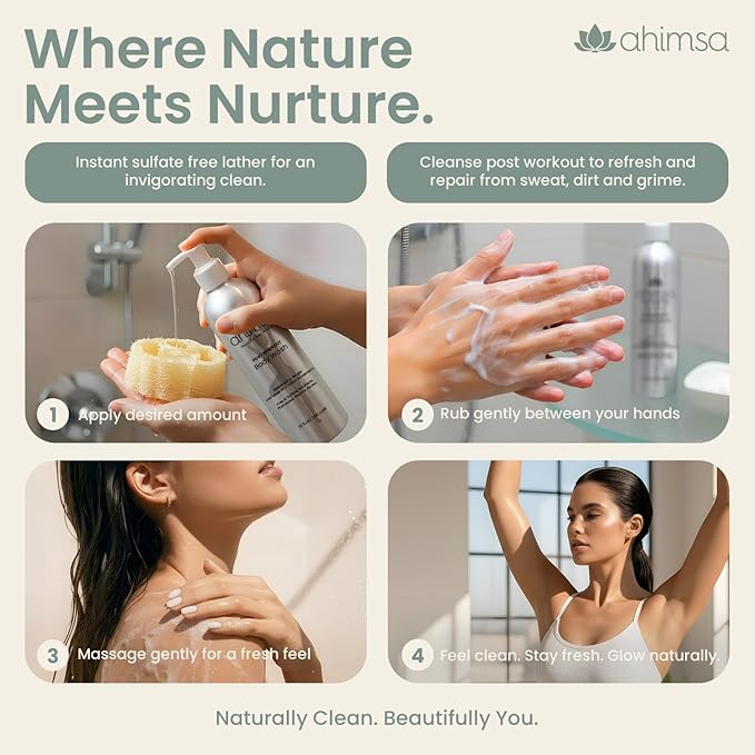 Ahimsa Natural Body Wash for Women, Hydrating & Moisturizing Body Wash Sensitive Skin, Antioxidant-Rich Bath & Shower Gels with Spearmint & Ginger, Gentle, Plant-Based, Organic Formula, 10oz