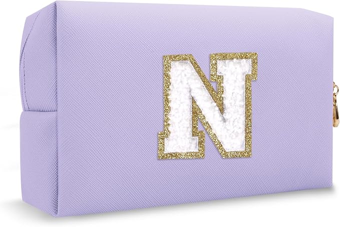 Chenille Letter Personalized Initial Preppy Makeup Bag, Small Cute Purple Cosmetic Zipper Pouch Travel Toiletry Bags, Waterproof PU Monogram Make Up Organizer Gifts for Nurse Nieces Teacher(Letter N)