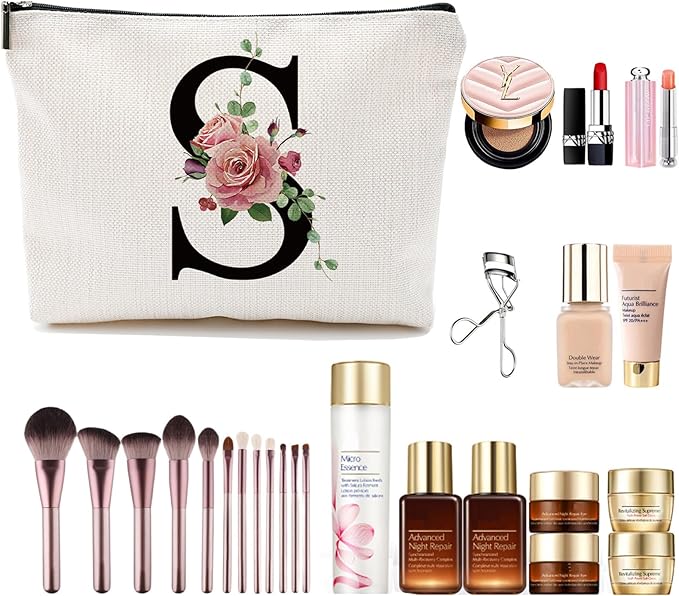 Initial A-Z Personalized Letter Makeup Bag, Monogrammed Bridesmaid Gifts/Presents Cosmetic Bag, Portable Stationery Storage Organizer Pouch, Friendship Love Travel Makeup Bags