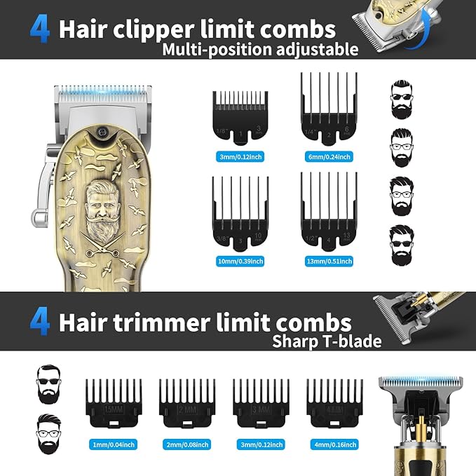 HIENA PRO Hair Clippers for Men Professional, Cordless Barber Clipper and T-Blade Beard/Hair Trimmer Set, Electric Razor Foil Shaver Nose Trimmer Barber Kit, Men's Hair Cutting Kit (814 Set)