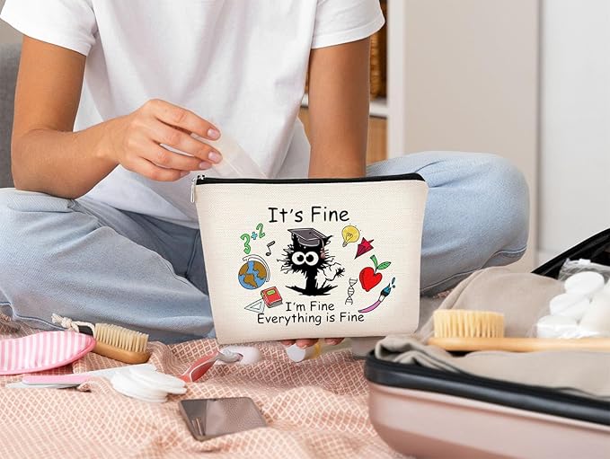 It's Fine Everything is Fine Cat Makeup Bag for Teen Girl Women,Cosmetic Bag Zipper Travel Toiletry Bag Best Gift Idea for Cat Lovers Teen Girls,Cat Owners Gifts,Birthday Gift,Graduation Gifts 2024