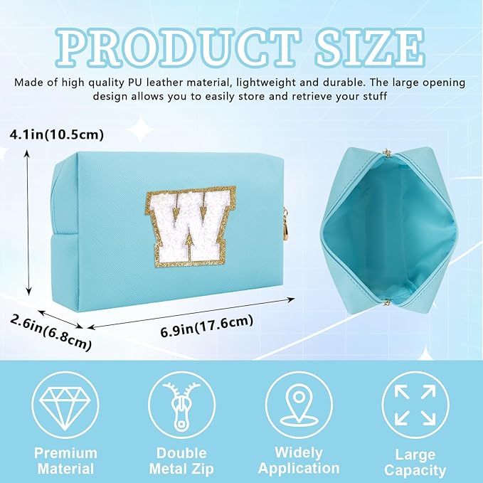 Personalized Initial Letter Patch Makeup Bag, Preppy Portable Chenille Cosmetic Bag with Zipper, PU Leather Waterproof Travel Toiletry Bag Monogram Make Up Pouch for Women Girls