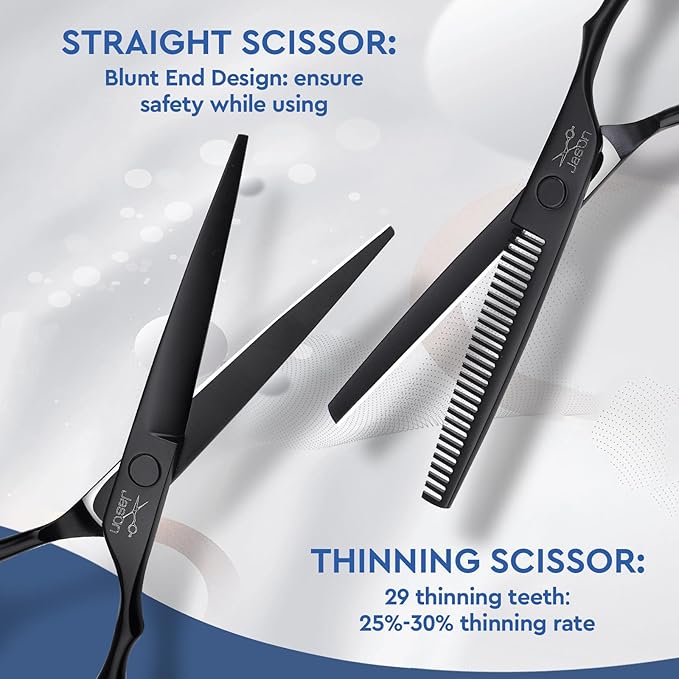 JASON Hair Cutting Scissors Set - Professional 10 PCS Haircut Scissors kit, Thinning Blender Scissors, Straight Shears with 30 Teeth for Men Women Home Salon Barber (6.5", Black) Christmas Gift