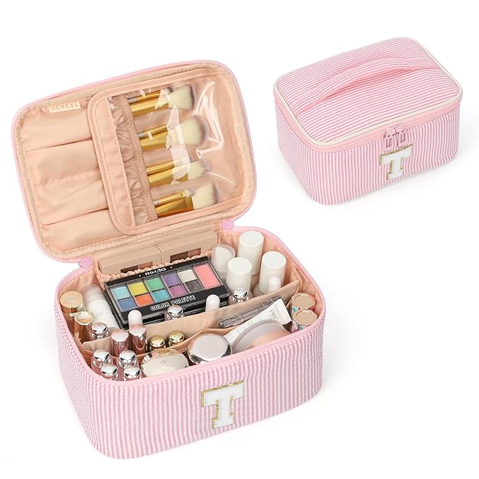OCHEAL Makeup Bag for Women, Monogram Cosmetic Bag with Brush Holder, Pink Travel Makeup Case Beauty Toiletry Bag Organizer Personalized Gifts for Girls Bridesmaid, Sister, Wife, Friends Initial T