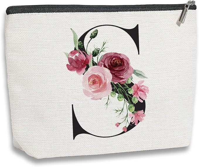 Initial Makeup Bag, Personalized Gifts for Women, Bridesmaid Gifts, Birthday Gifts for Women Mom, Gifts for Best Friend, Bride Bridesmaid Cosmetic bag (Letter S)