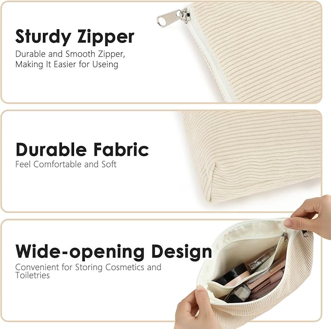 Corduroy Makeup Bag, Travel Cosmetic Bag Organizer Toiletry Bag Make Up Bags with Zipper & Compartments for Women Girls, 2PCS