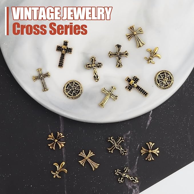 Artdone Nail Art Studs Kit, 3D Gold Cross Nail Charms and Star Gems Bulk Nail Jewels Shiny Crosses for DIY Professional Manicures Decoration