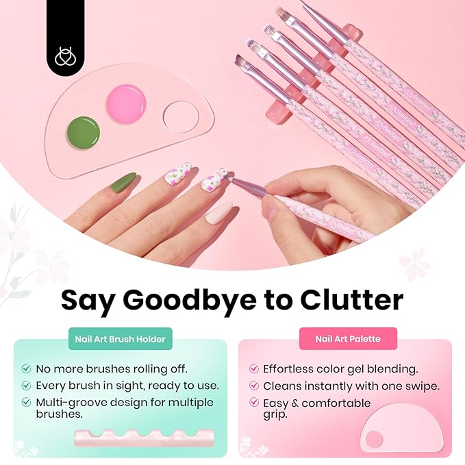 Beetles Gel Polish Nail Art Brushes Set - 6 Pcs Fingernail Art Design Pen, Floral Pattern Handle, Gradient Bristles Nail Brush Set DIY with Palette Dotting Manicure Tool Kit