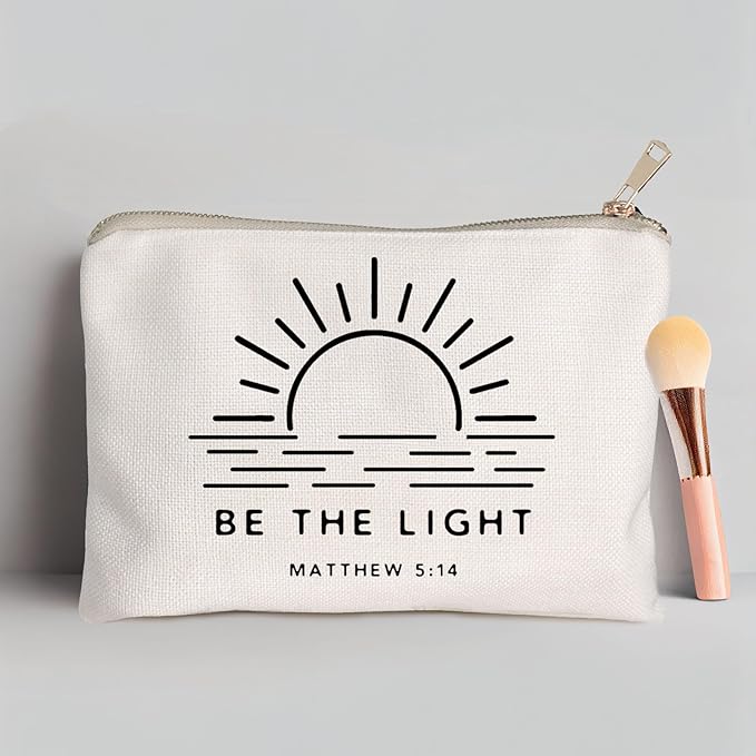 Be The Light Matthew 5:14 Gift Makeup Case Believe Cosmetic Bag Self Love Religious Makeup Pouch Linen Cotton Bag Vintage Christian Bible Verse Sunshine Inspirational Gift