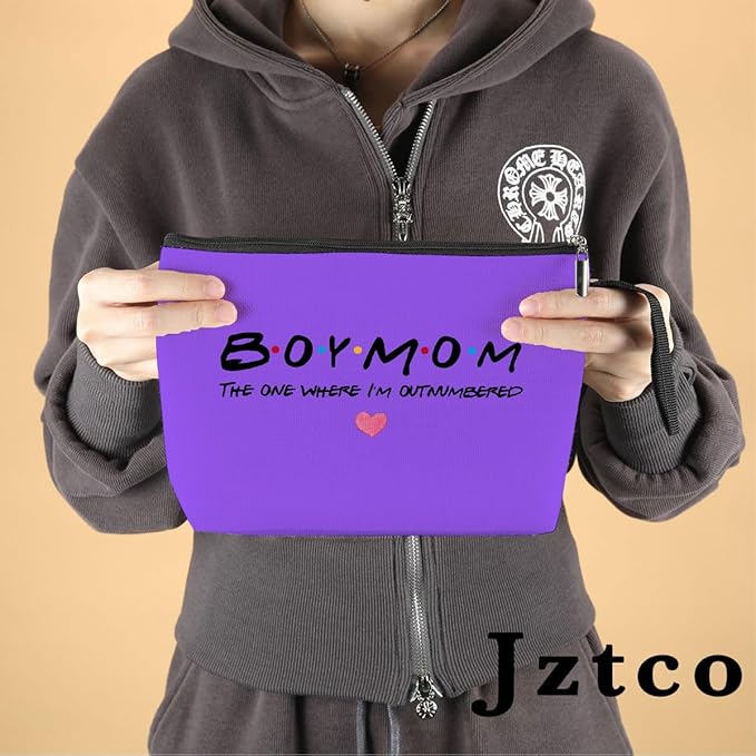 Jztco Boy Mama Makeup Bag, Baby Shower Gifts for Mom First Time, Christmas Birthday Unique Cosmetic Bag Funny Mothers Day, New Mom Gifts - Boy Mama The One Where I'm Outnumbered, Purple