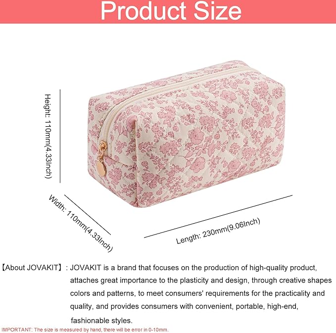 JOVAKIT Square Makeup Bag Cute Cosmetic Bag for Women, Floral Coquette Aesthetic Toiletry Bag, Zipper Make Up Pouch, Travel Make Up Organizer Bag (Light Pink Floral)
