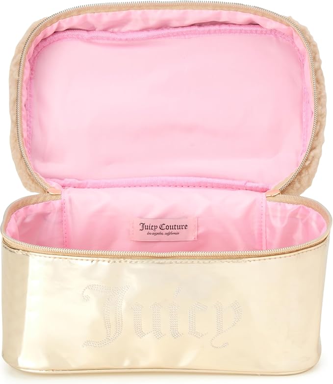 Juicy Couture Gold Makeup Bag Cosmetics Organizer Travel Essentials Train Case Shiny Rhinestones Faux Shearling