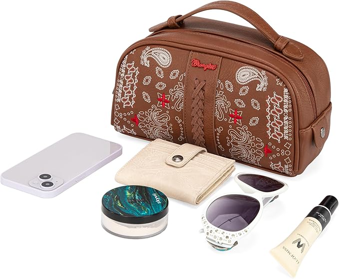Montana West Wrangler Makeup Bag for Women Small Cosmetic Toiletry Bags Western Paisley Make Up Pouch Durable Cute Travel Purse, Brown