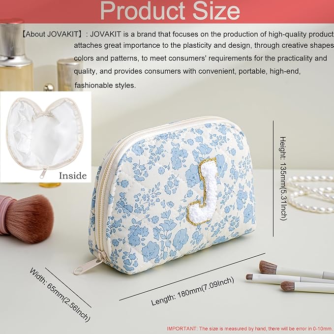 JOVAKIT Conch Alphabet Makeup Bag Cosmetic Bag for Women, Christmas Gifts for Women Girls, Blue Floral Coquette Travel Bag, Zipper Make Up Pouch Organizer Trendy Stuff (Blue Floral J)