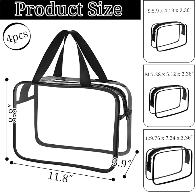 4 Packs Large Clear Comestic Bag, Waterproof Clear Makeup Toiletry Organizer Pouch, Reusable PVC Plastic Storage Bags with Zipper for Travel (4, Black)