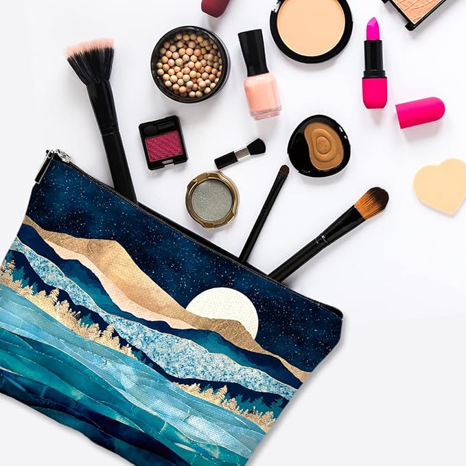 Cute Makeup Bag for Purse Canvas Waterproof Funny Cosmetic Bags for Women Zipper Travel Toiletry Pouch-Mountain Moon Lake Makeup Bags