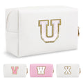 Small Personalized Initial A-Z Preppy Patch Makeup Bag,White PU Chenille Letter Travel Cosmetic Pouch with Zipper,Cute Toiletry Bag,Gift Ideal for Teen Girls Women Teacher Bridesmaid,Letter U