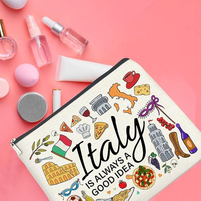 Italy Travel Cosmetic Bag, Multicolor, Waterproof, Zipper Closure, Double-Sided Printing, Rectangular, 9.6"L x 6.7"H, Perfect for Travel and Daily Use